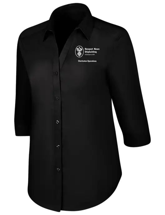 Womens Black 3/4 Sleeve Carefree Poplin Shirt w/NNS Charleston Operations Logo